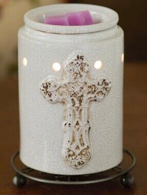 Antique Cross Ceramic Wax Warmer, White Crackle Religious • Retired BNIB